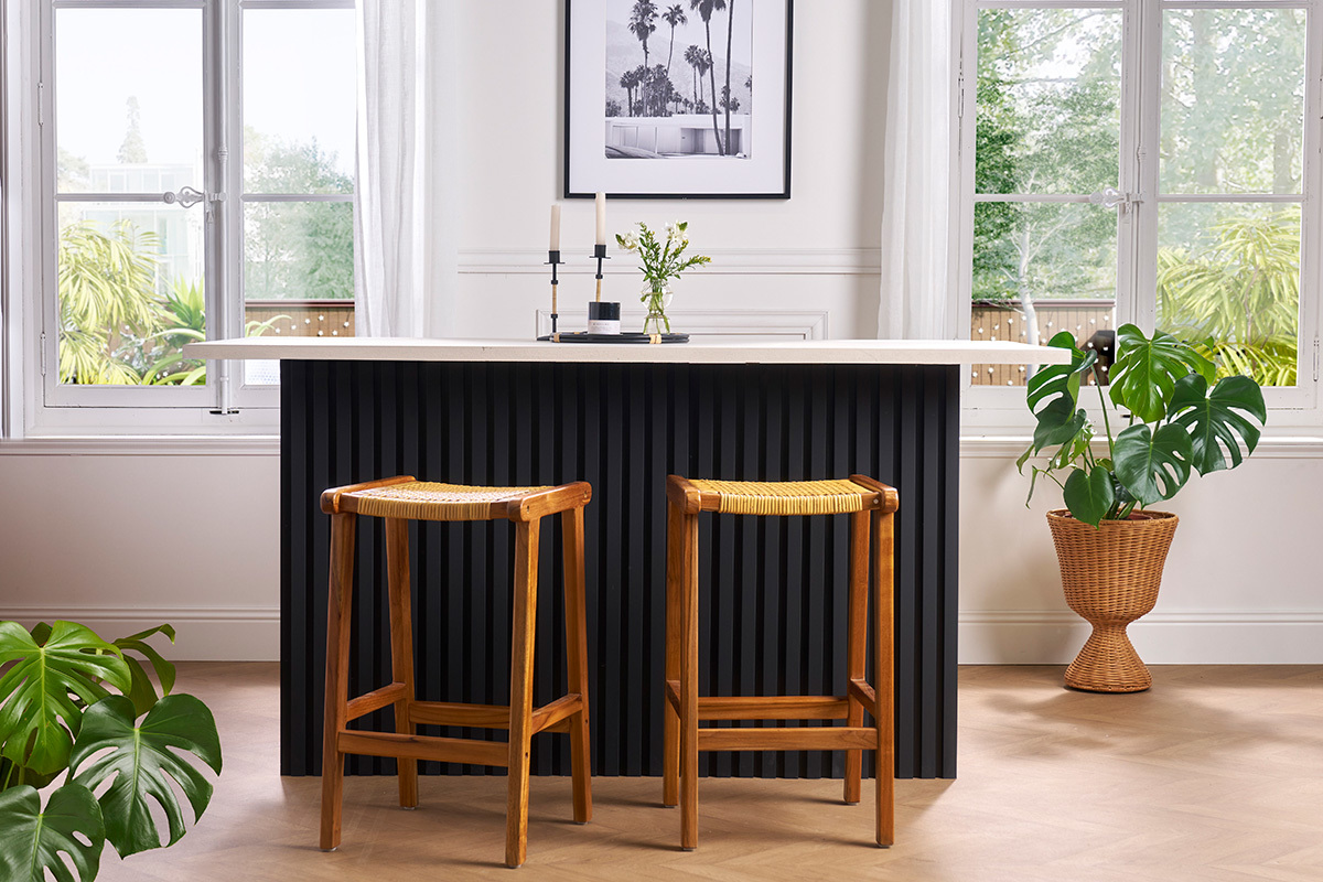 Tabourets de bar ethniques en bois teck massif et cannage rotin H65 cm (lot de 2) GAWA
