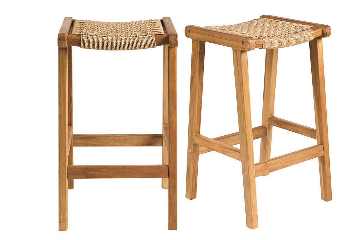 Tabourets de bar ethniques ext�rieur en bois teck massif et cannage rotin H65 cm (lot de 2) GAWA