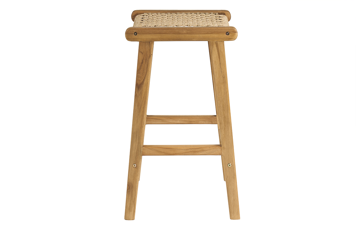 Tabourets de bar ethniques ext�rieur en bois teck massif et cannage rotin H65 cm (lot de 2) GAWA