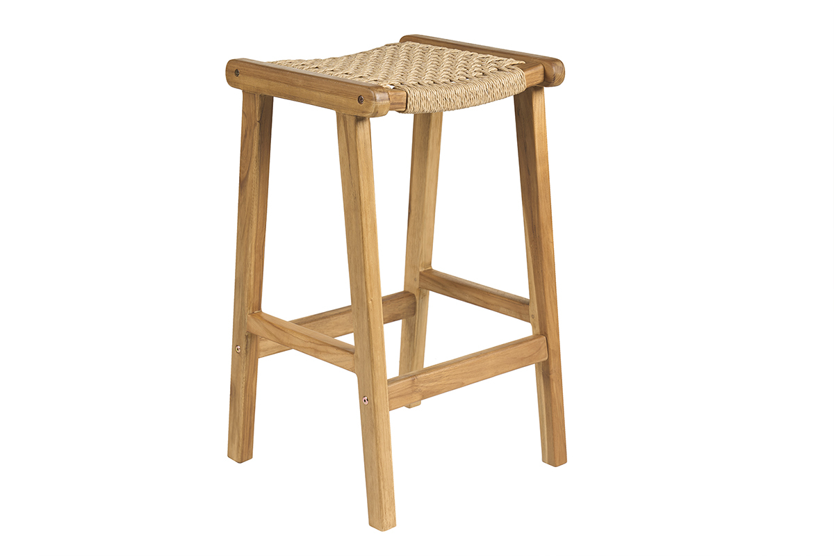 Tabourets de bar ethniques ext�rieur en bois teck massif et cannage rotin H66 cm (lot de 2) GAWA