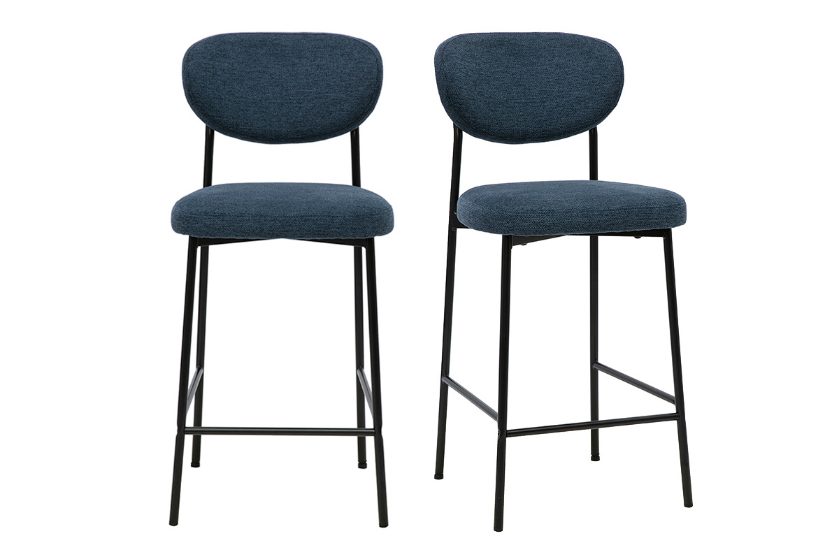 Tabourets de bar fixes en tissu effet velours textur� bleu fonc� H65 cm (lot de 2) BREKA