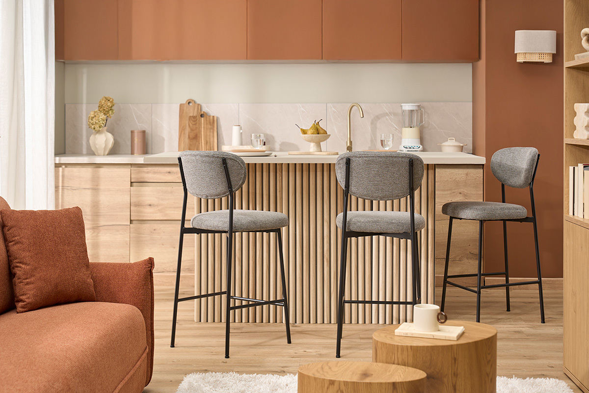 Tabourets de bar fixes en tissu effet velours textur� gris clair H65 cm (lot de 2) BREKA