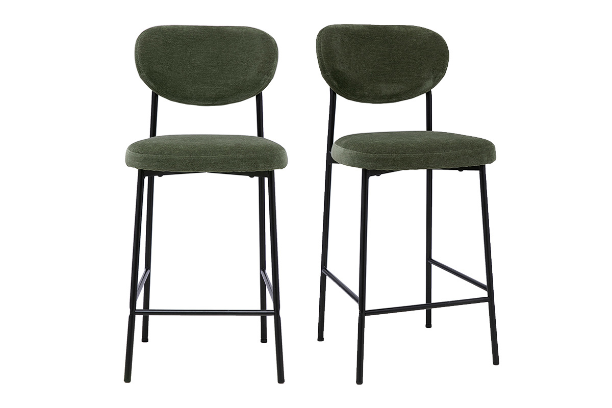 Tabourets de bar fixes en tissu effet velours vert kaki H65 cm (lot de 2) BREKA