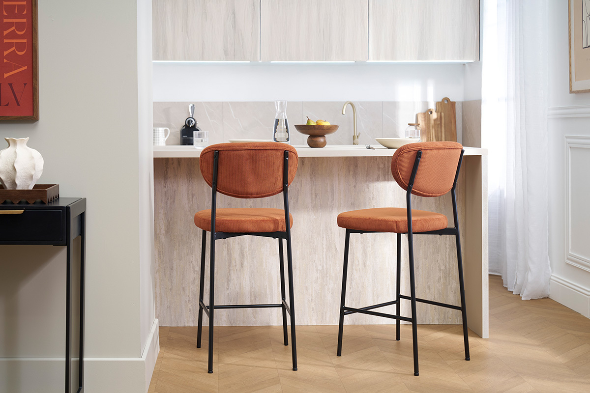 Tabourets de bar fixes en tissu velours ctel terre brle H65 cm (lot de 2) BREKA