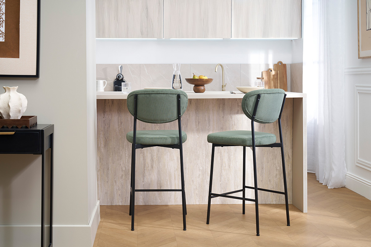 Tabourets de bar fixes en tissu velours ctel vert kaki H65 cm (lot de 2) BREKA