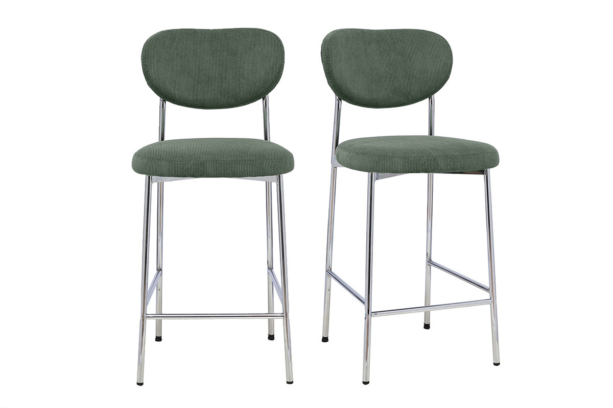 Tabourets de bar fixes en tissu velours c�tel� vert kaki H65 cm (lot de 2) BREKA