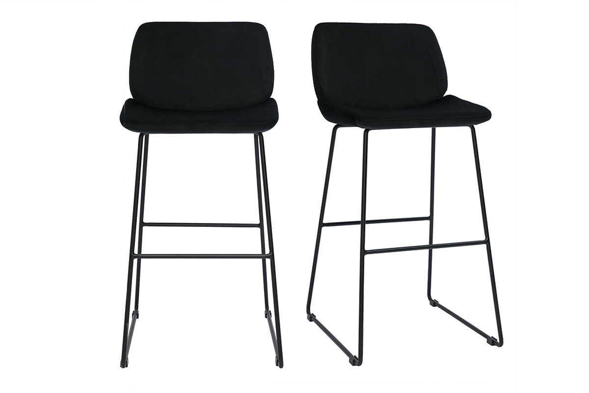 Tabourets de bar fixes en tissu velours noir pieds mtal noir H65 (lot de 2) KAOLY