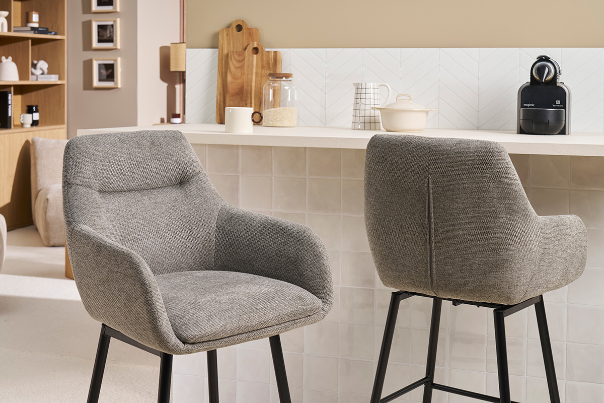 Tabourets de bar pivotants 360 en tissu effet velours textur gris et mtal H65.5 cm (lot de 2) ALESS