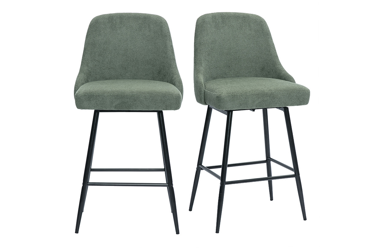 Tabourets de bar pivotants 360� en tissu chenille vert kaki et m�tal H66 cm (lot de 2) HASTA