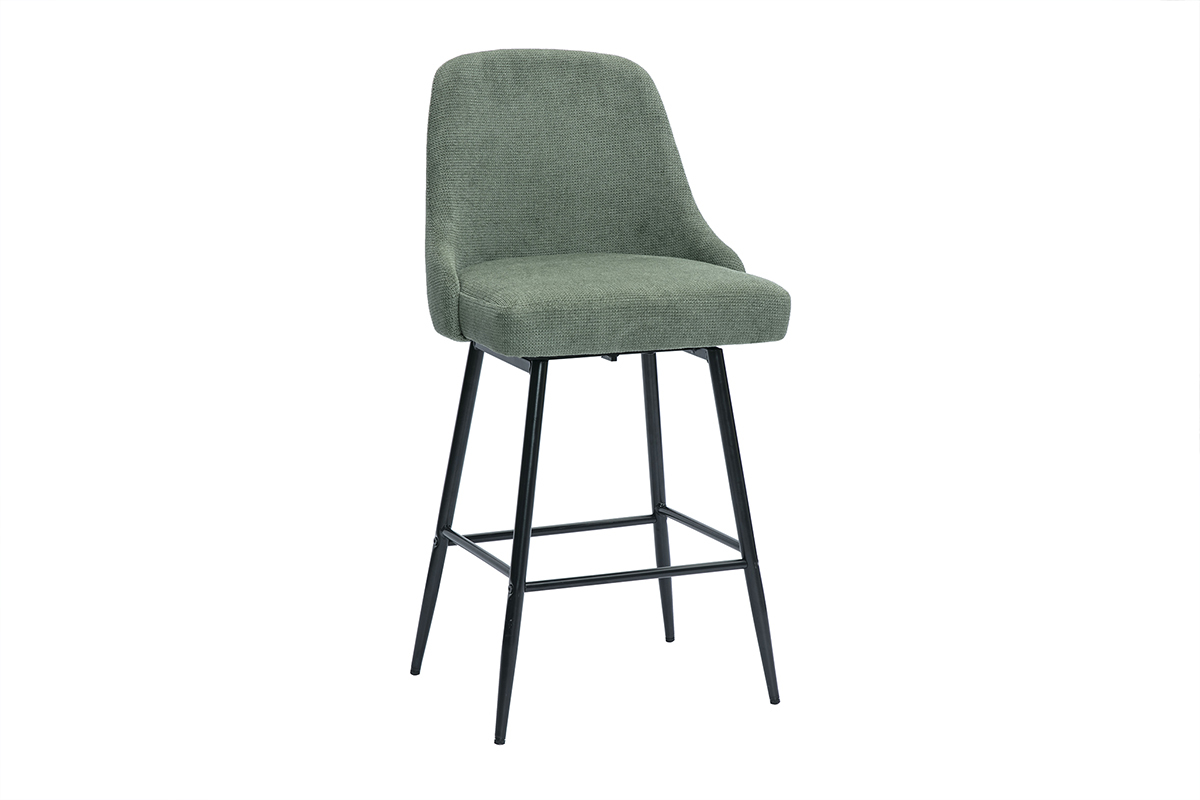 Tabourets de bar pivotants 360� en tissu chenille vert kaki et m�tal H66 cm (lot de 2) HASTA