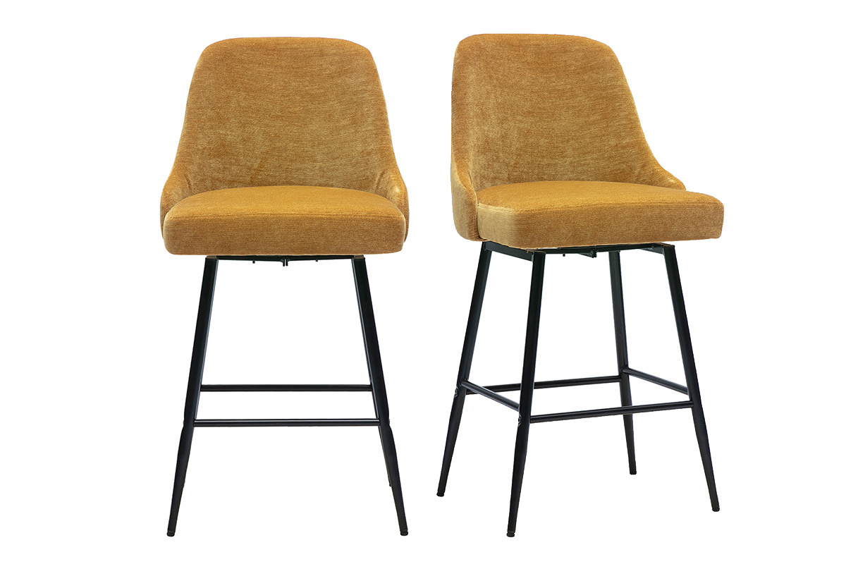 Tabourets de bar pivotants 360� en tissu effet velours jaune curry et m�tal H66 cm (lot de 2) HASTA
