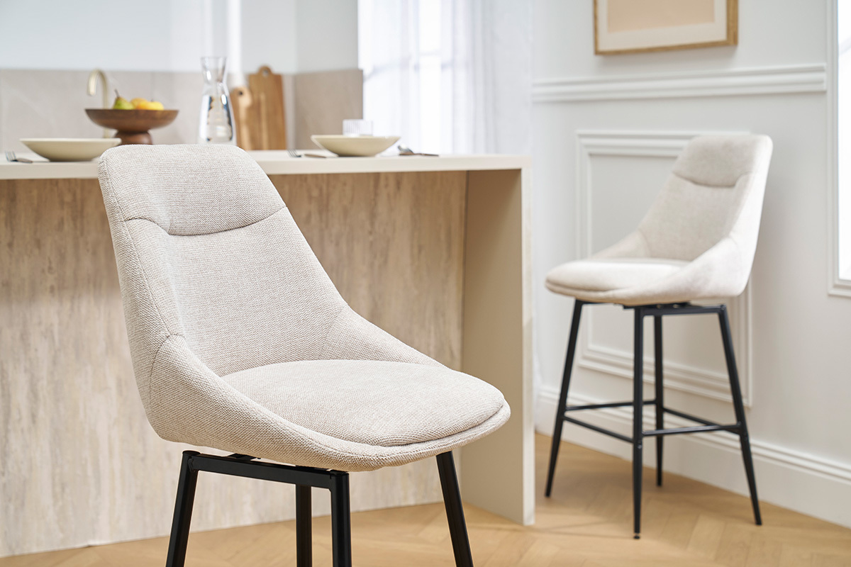 Tabourets de bar pivotants 360� en tissu effet velours textur� beige et m�tal H66 cm (lot de 2) ALESS