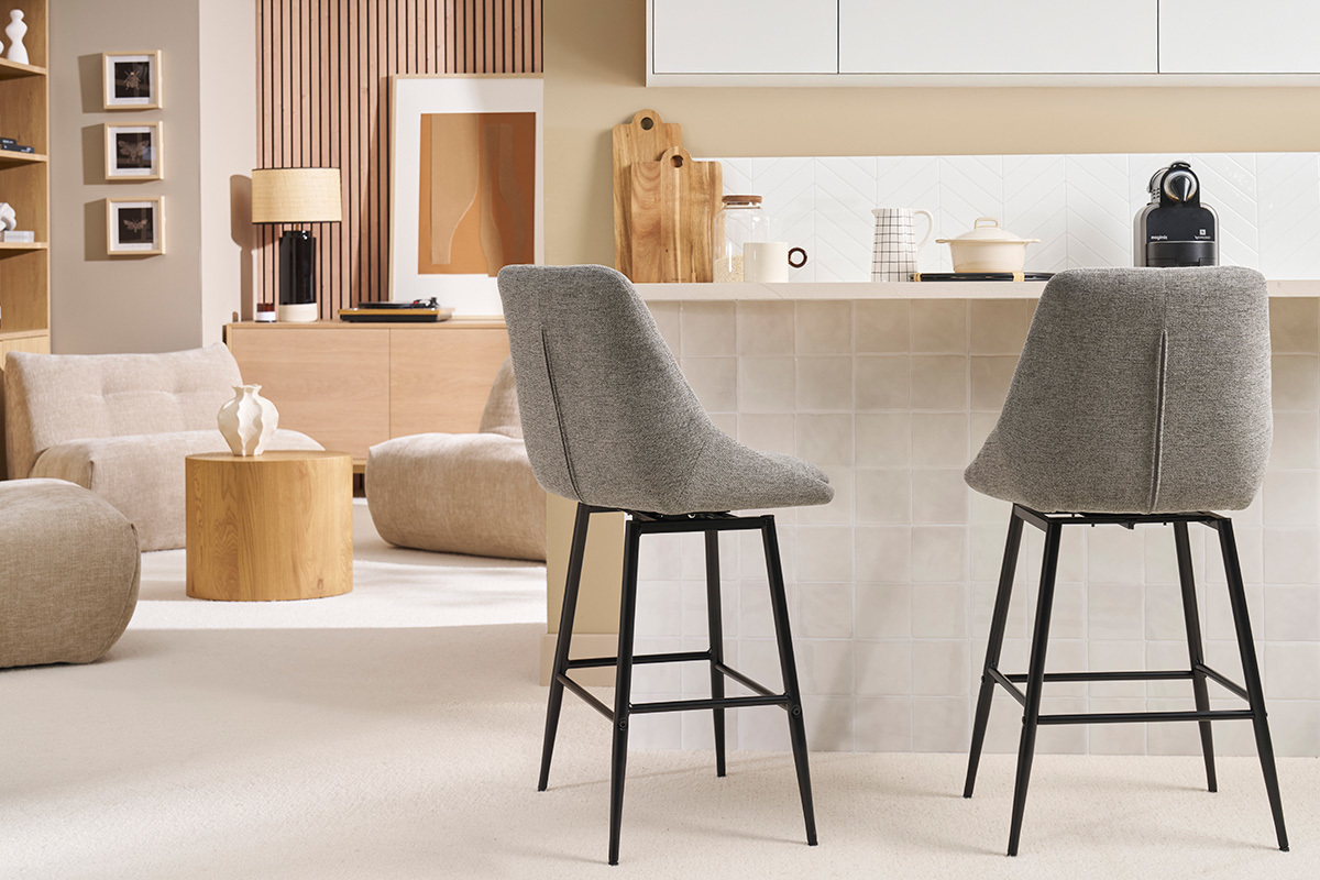 Tabourets de bar pivotants 360� en tissu effet velours textur� gris et m�tal H66 cm (lot de 2) ALESS