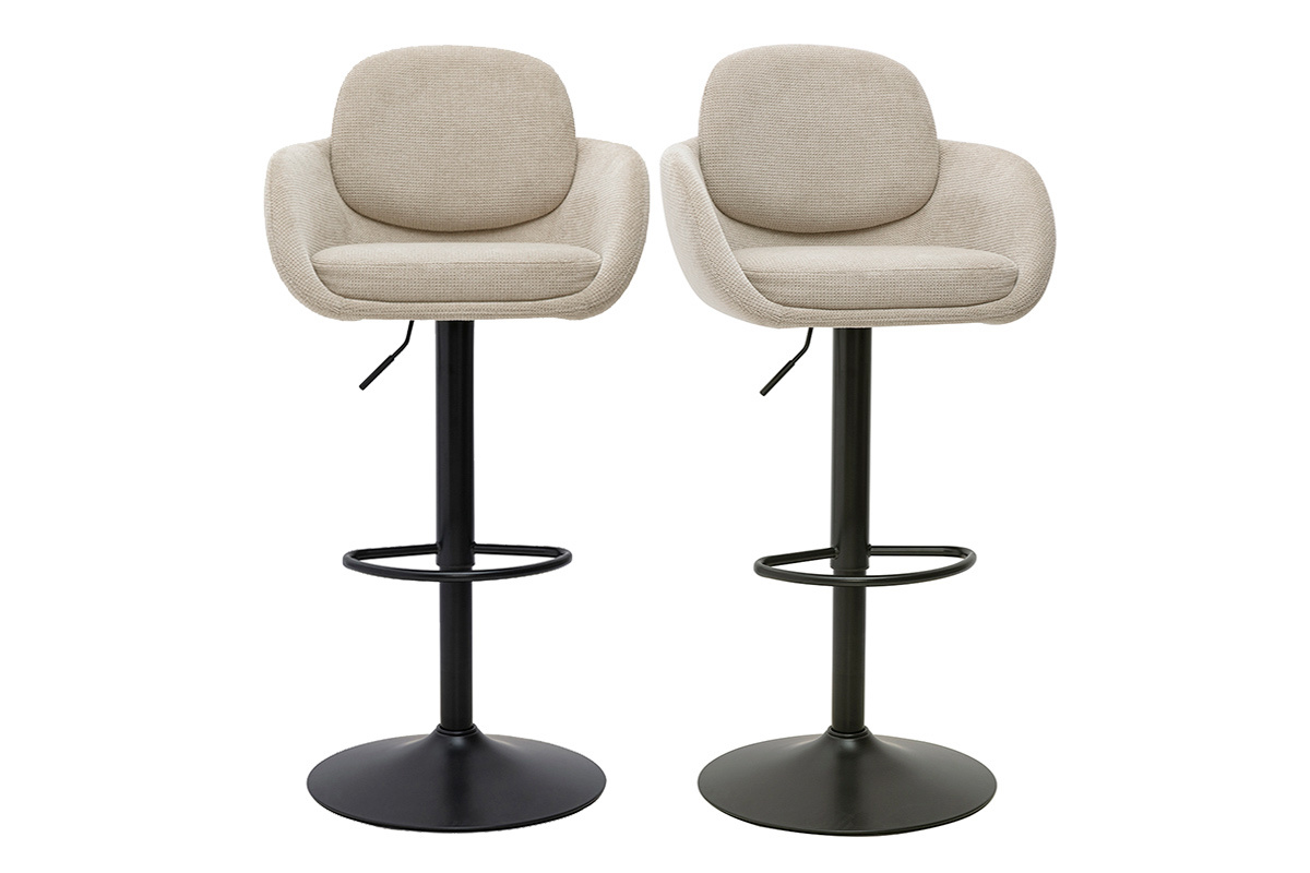 Tabourets de bar r�glable pivotants 360� en tissu effet velours textur� beige et m�tal noir (lot de 2) SLAKE