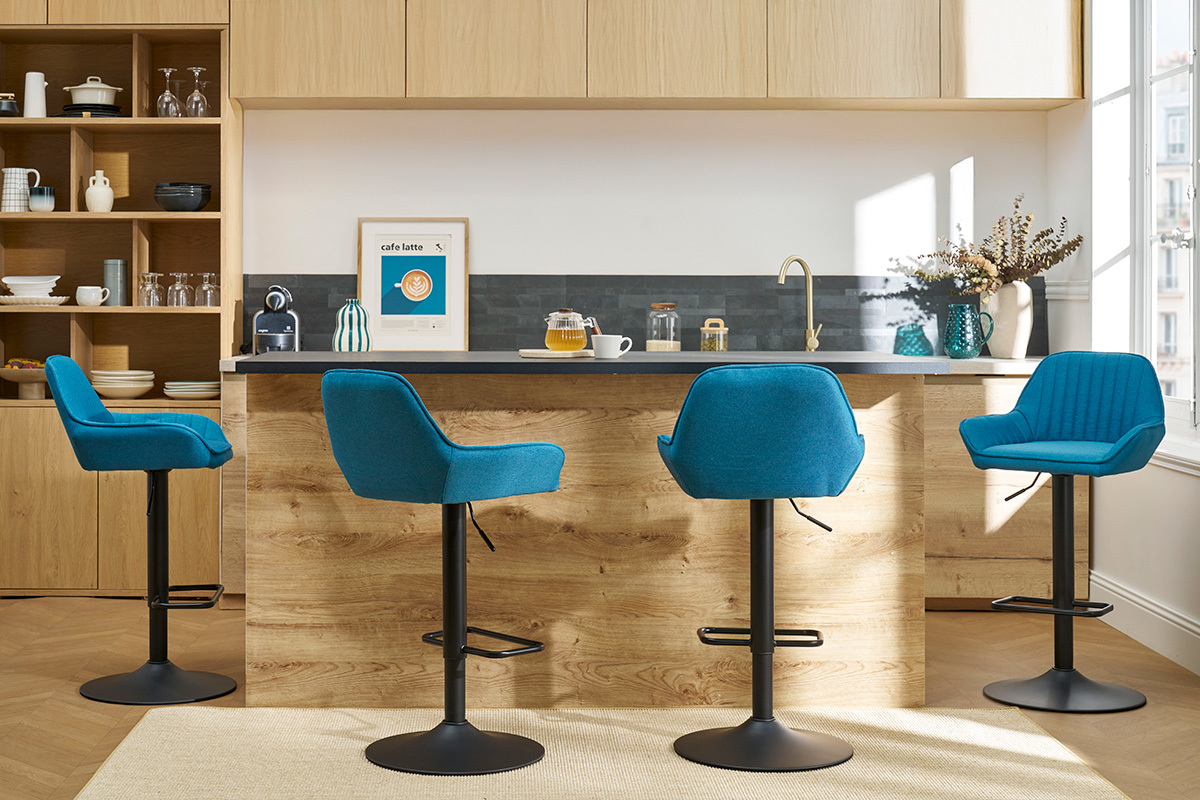 Tabourets de bar rglables design en tissu bleu (lot de 2) RONNIE