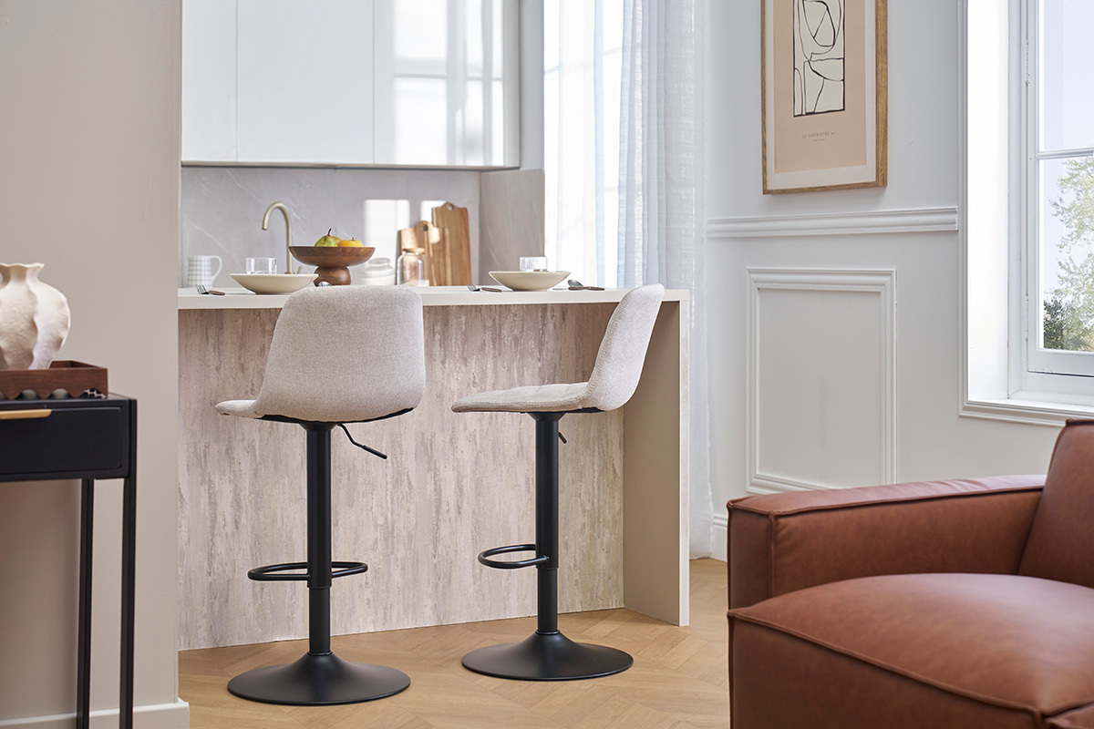 Tabourets de bar rglables en tissu effet velours textur beige et mtal (lot de 2) SAURY