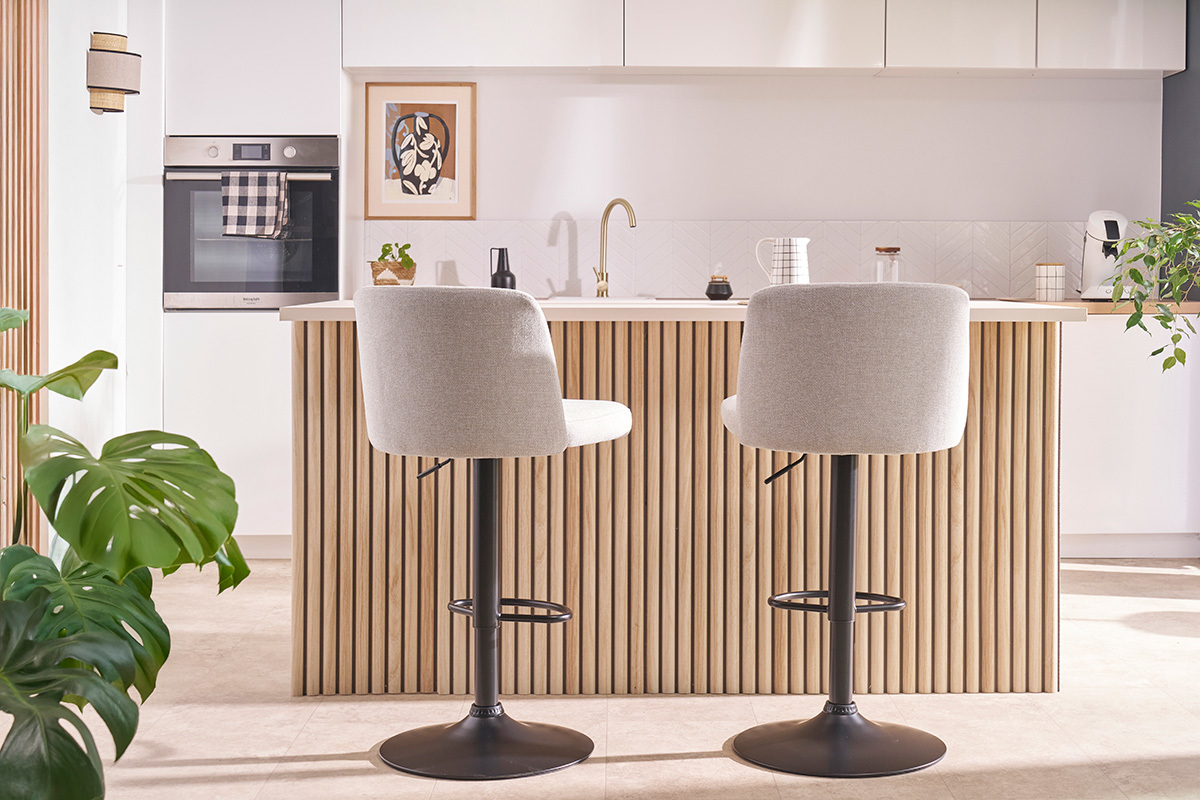 Tabourets de bar rglables en tissu effet velours textur beige et mtal noir (lot de 2) MONTI