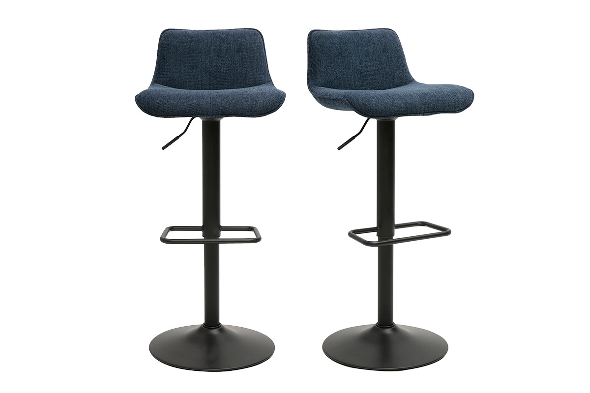 Tabourets de bar rglables pivotants 360 en tissu effet velours textur bleu fonc et mtal noir (lot de 2) BOOST