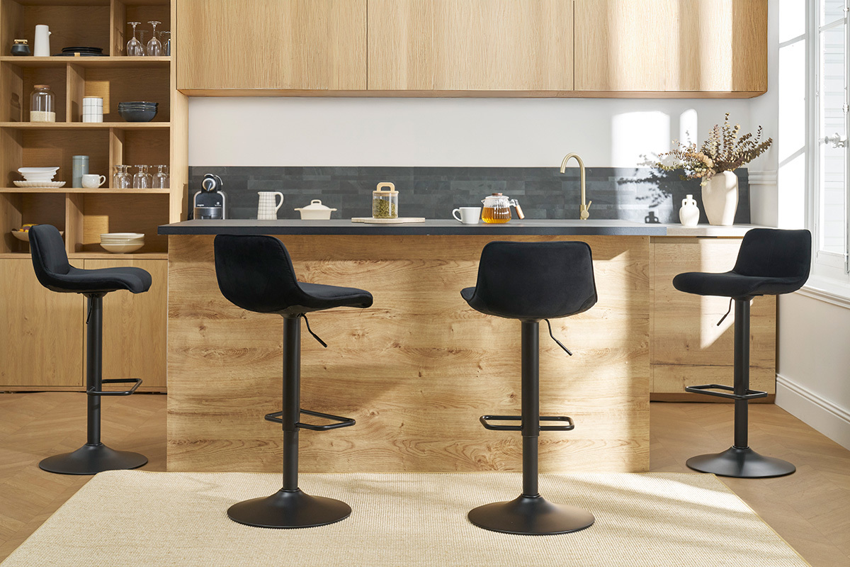 Tabourets de bar rglables pivotants 360 noirs en tissu velours et mtal (lot de 2) BOOST