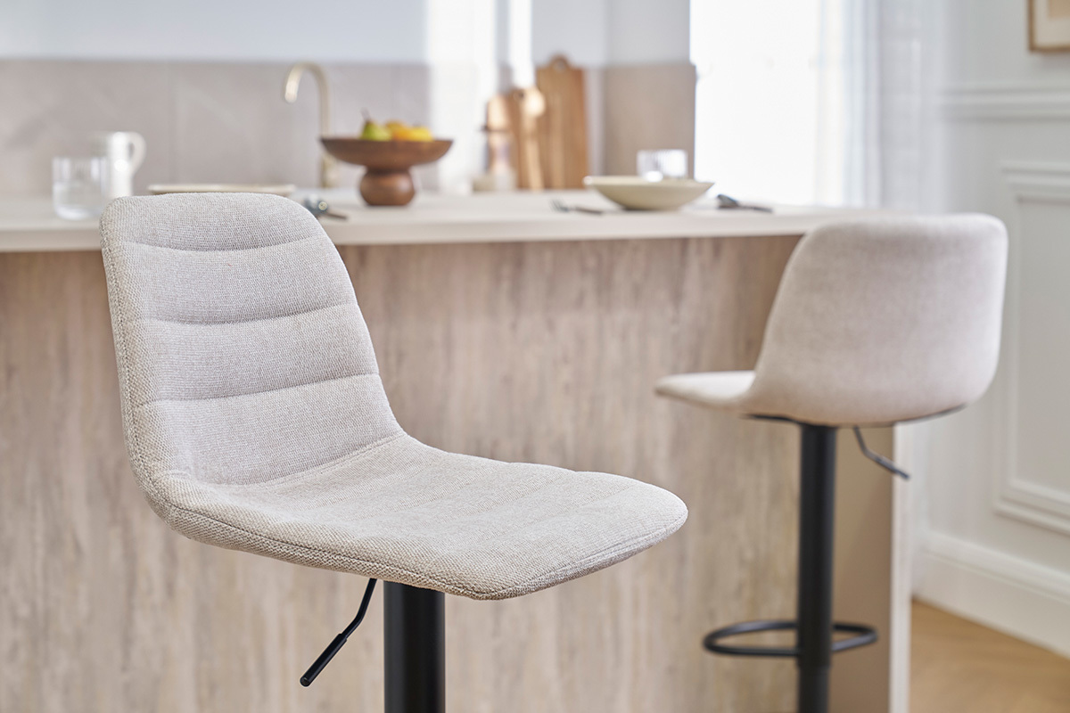 Tabourets de bar r�glables pivotants 360� en tissu effet velours textur� beige et m�tal (lot de 2) SAURY