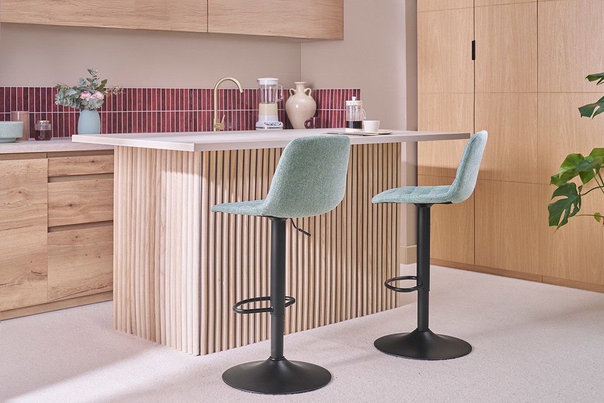 Tabourets de bar r�glables pivotants 360� en tissu effet velours textur� c�ladon et m�tal (lot de 2) SAURY