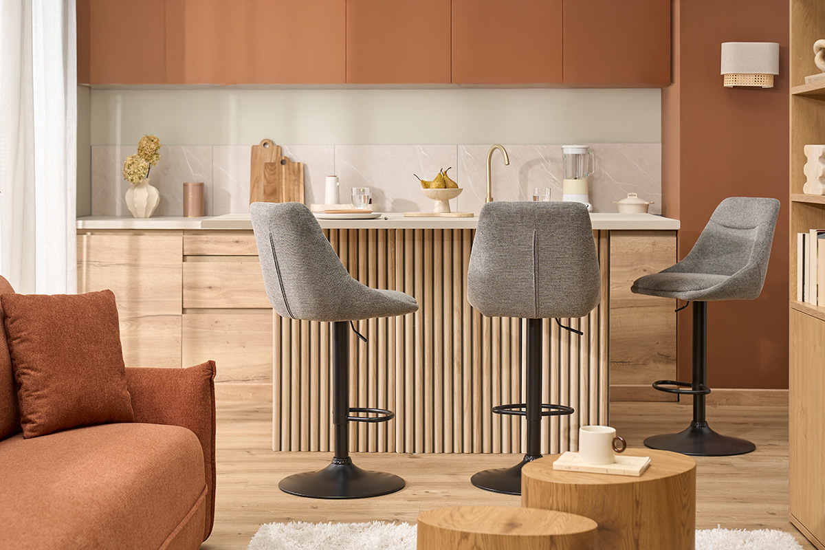 Tabourets de bar r�glables pivotants 360� en tissu effet velours textur� gris et m�tal (lot de 2) ALESS