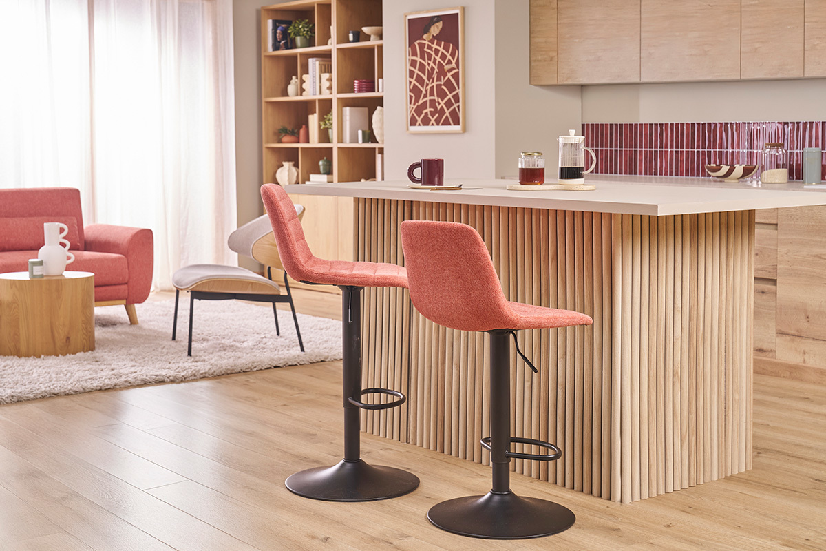 Tabourets de bar r�glables pivotants 360� en tissu effet velours textur� terracotta et m�tal (lot de 2) SAURY