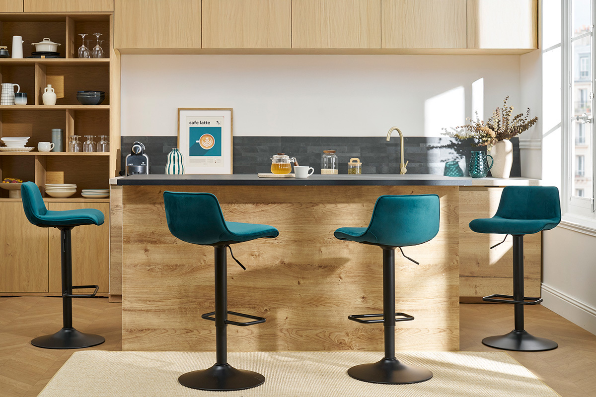 Tabourets de bar r�glables pivotants 360� en tissu velours bleu p�trole et m�tal noir (lot de 2) BOOST