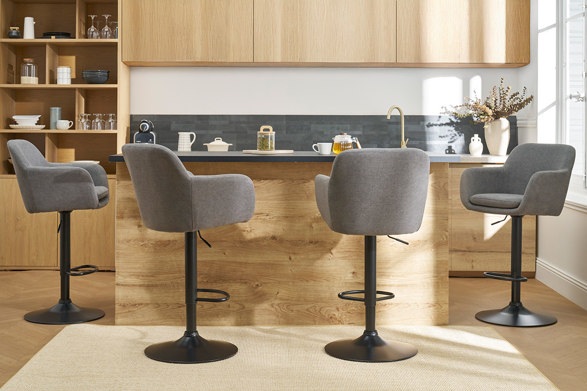 Tabourets de bar rglables tissu effet velours gris et mtal (lot de 2) AMIKA