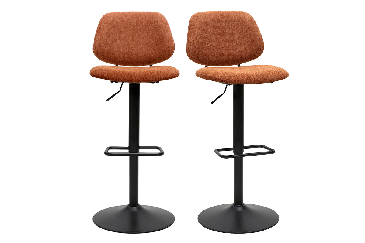 Tabourets de bar relevables design en tissu effet velours textur� terre br�l�e et m�tal noir BARNET (lot de 2)