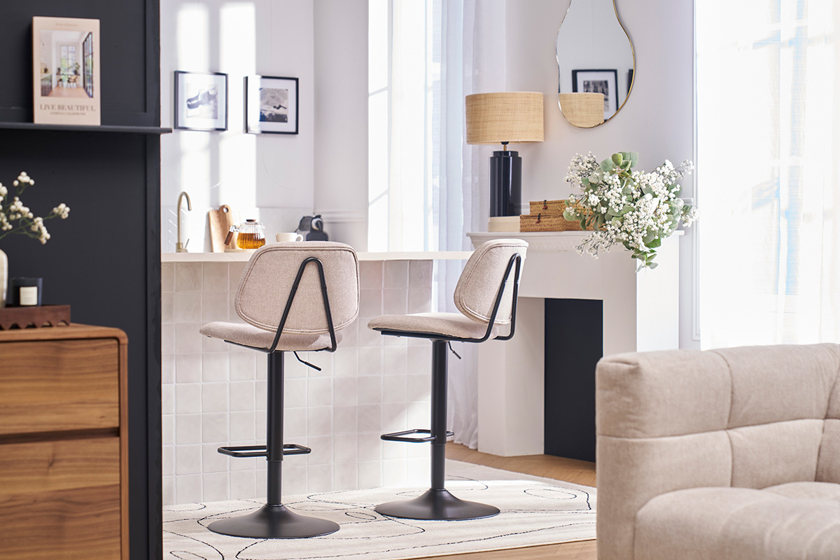 Tabourets de bar relevables design en tissu effet velours textur vert cladon et mtal noir BARNET (lot de 2)