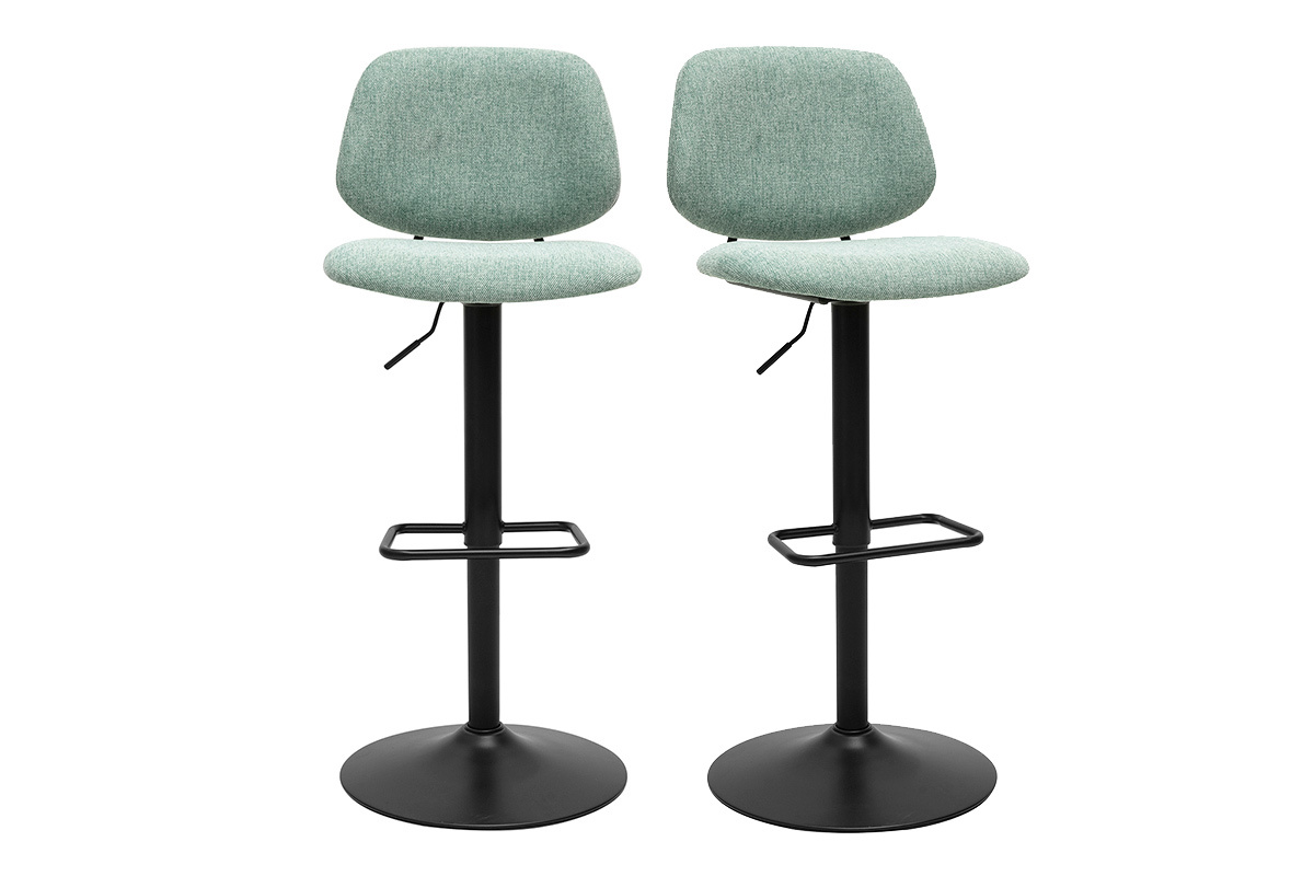 Tabourets de bar relevables design en tissu effet velours textur vert cladon et mtal noir BARNET (lot de 2)