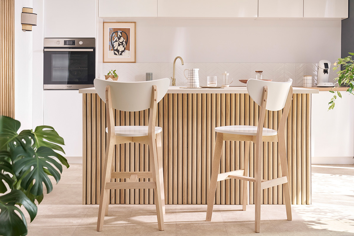 Tabourets de bar scandinaves blanc et bois  (lot de 2) LEENA