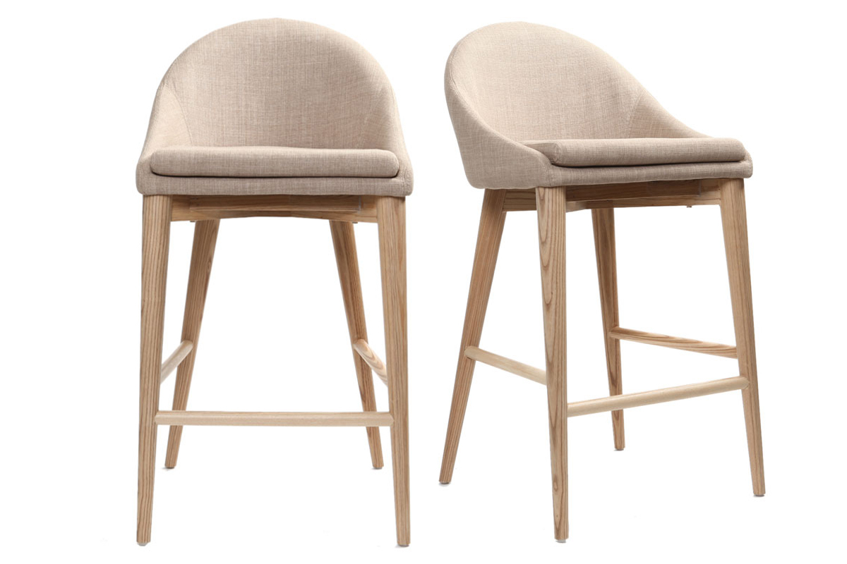 Tabourets de bar scandinaves en tissu beige et fr�ne massif H66.5 cm (lot de 2) DALIA