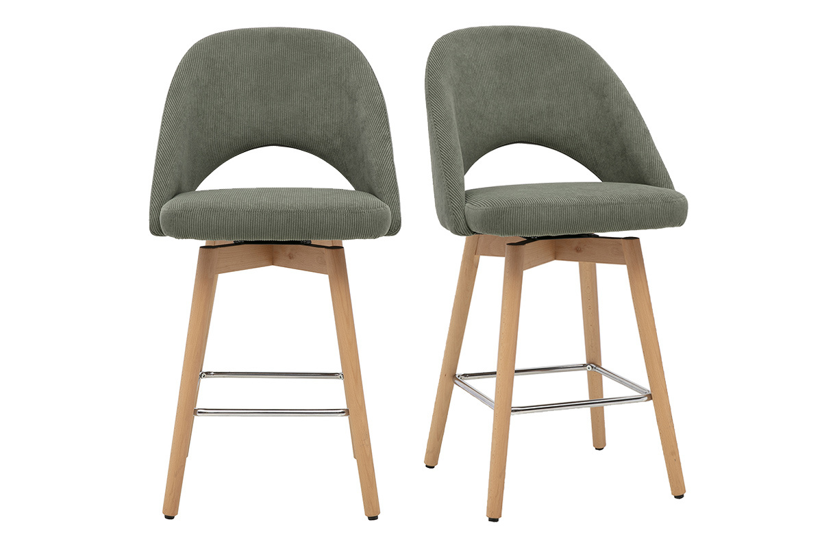 Tabourets de bar scandinaves en tissu velours c�tel� vert kaki et h�v�a massif 65 cm (lot de 2) COSETTE
