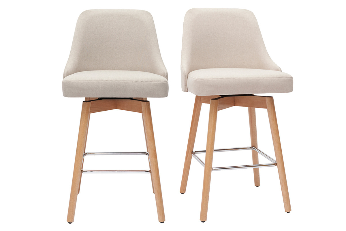 Tabourets de bar scandinaves pivotants 360 en tissu beige et bois htre massif H65 cm (lot de 2) HASTA