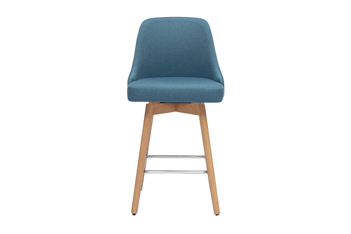 Tabourets de bar scandinaves pivotants 360 en tissu bleu canard et bois htre massif H65 cm (lot de 2) HASTA