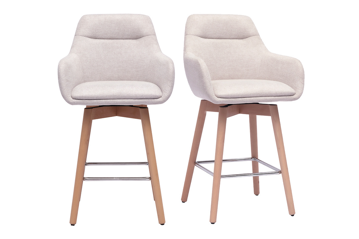 Tabourets de bar scandinaves pivotants 360 en tissu effet velours textur beige et bois clair H65 cm (lot de 2) ALESS