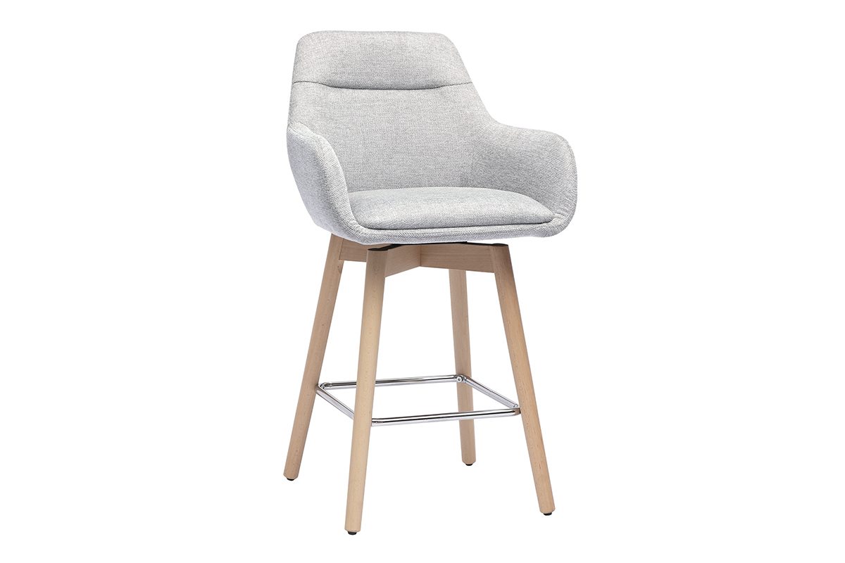 Tabourets de bar scandinaves pivotants 360 en tissu effet velours textur gris clair et bois clair H65 cm (lot de 2) ALESS