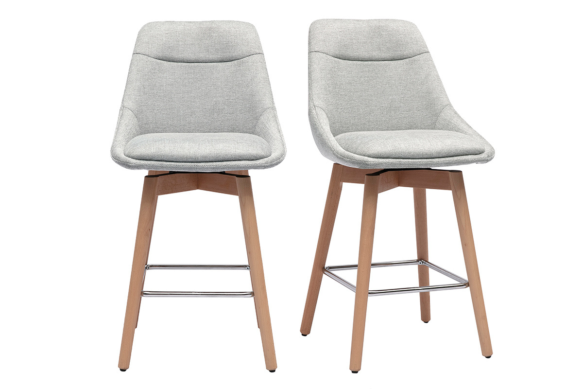 Tabourets de bar scandinaves pivotants 360 en tissu effet velours textur gris et bois clair H65 cm (lot de 2) ALESS