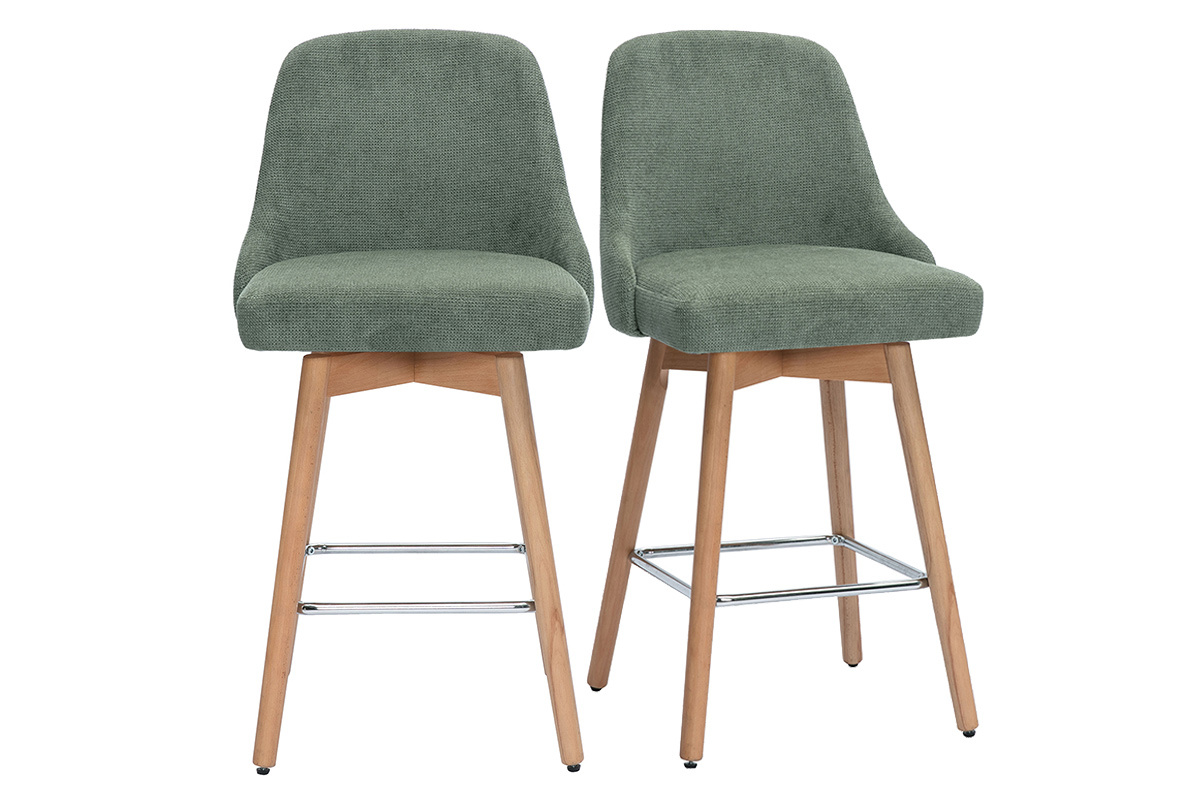 Tabourets de bar scandinaves pivotants 360 en tissu effet velours textur vert kaki et bois htre massif H65 cm (lot de 2) HASTA