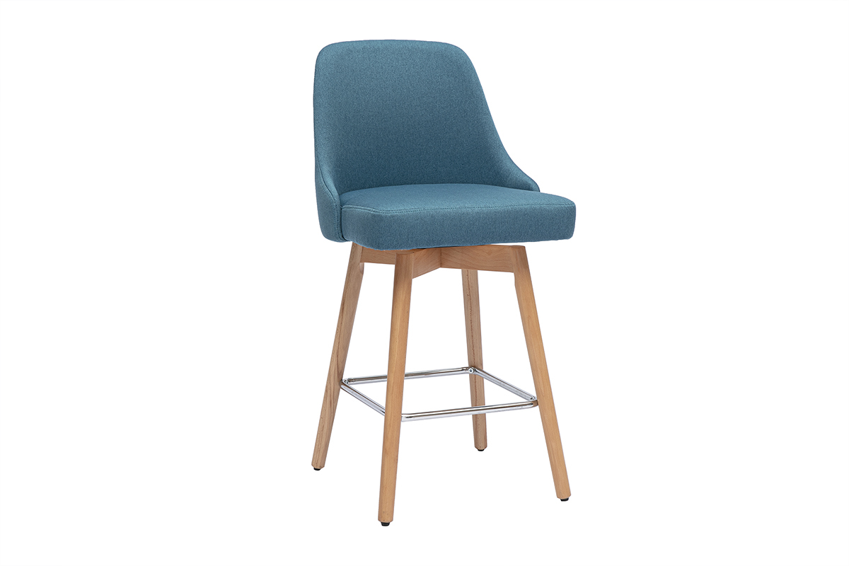 Tabourets de bar scandinaves pivotants 360� en tissu bleu canard et bois h�tre massif H65 cm (lot de 2) HASTA