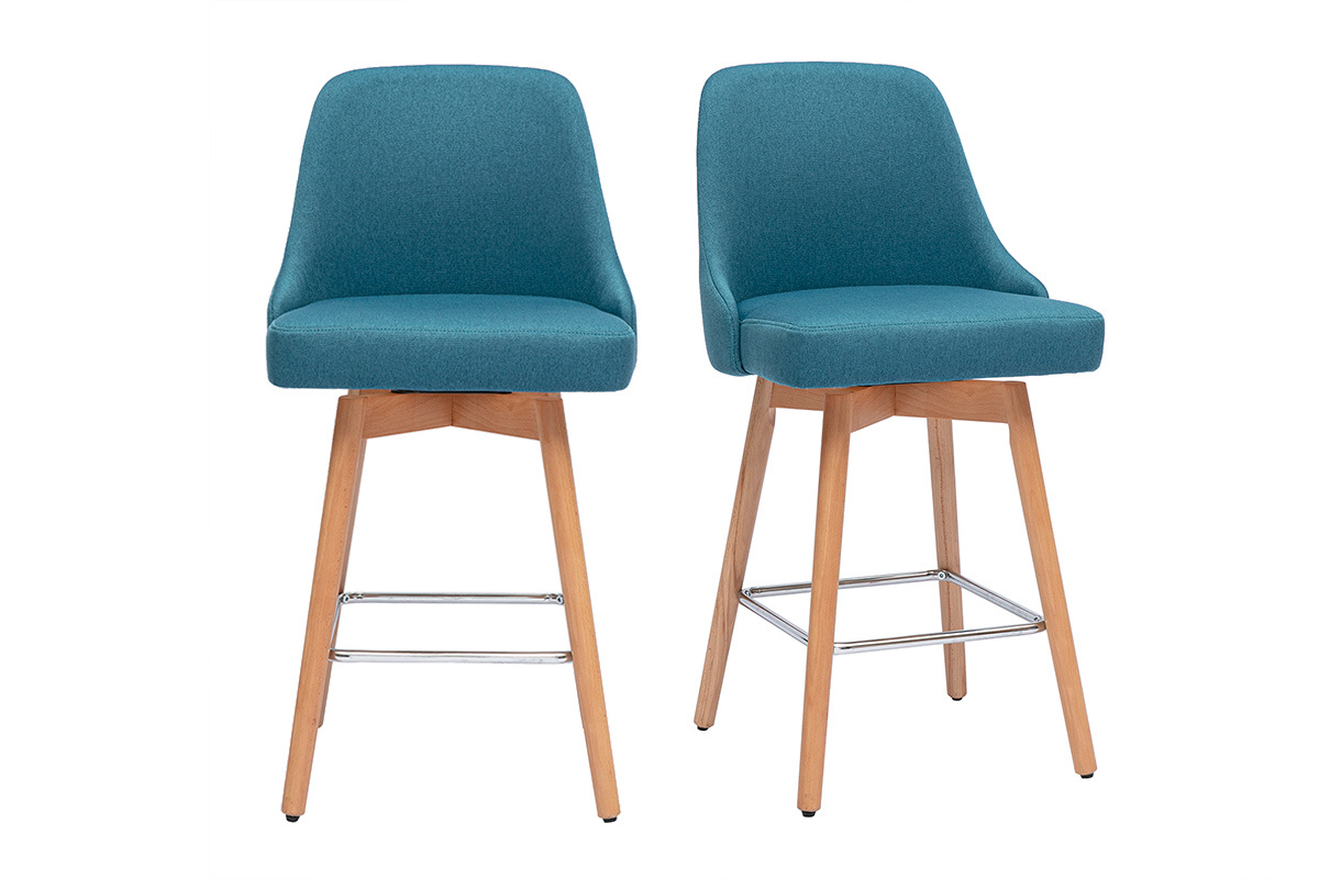 Tabourets de bar scandinaves pivotants 360� en tissu bleu canard et bois h�tre massif H65 cm (lot de 2) HASTA
