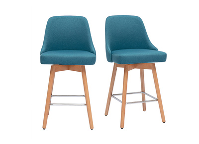 Tabourets de bar scandinaves pivotants 360&deg; en tissu bleu canard et bois h&ecirc;tre massif H65 cm (lot de 2) HASTA