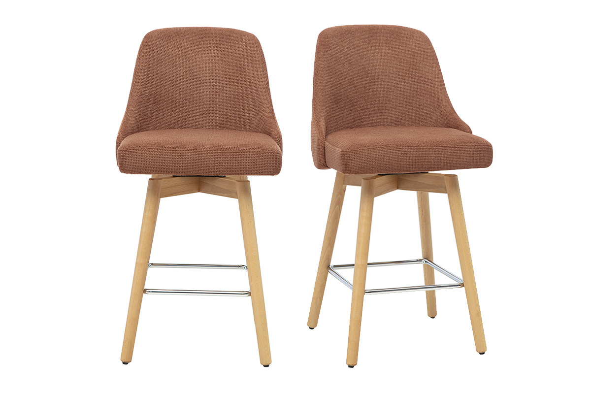 Tabourets de bar scandinaves pivotants 360� en tissu chenille terre br�l�e et bois h�tre massif H65 cm (lot de 2) HASTA