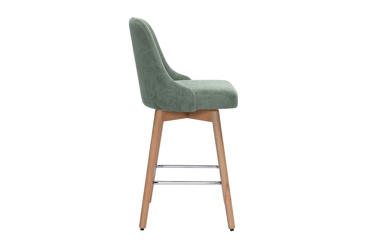 Tabourets de bar scandinaves pivotants 360� en tissu chenille vert kaki et bois h�tre massif H65 cm (lot de 2) HASTA