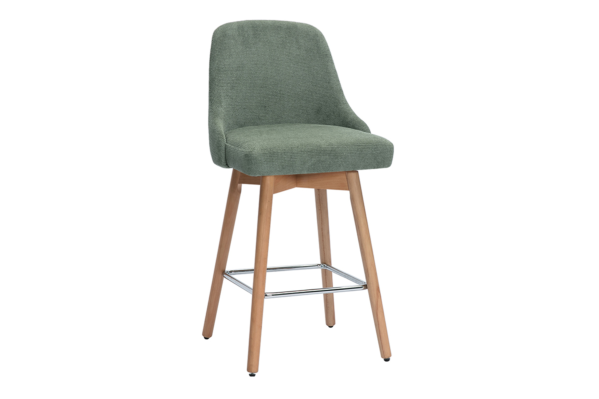 Tabourets de bar scandinaves pivotants 360� en tissu chenille vert kaki et bois h�tre massif H65 cm (lot de 2) HASTA