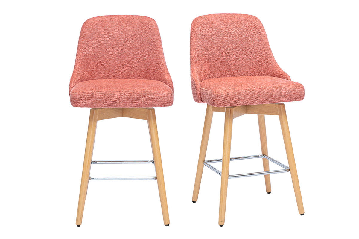 Tabourets de bar scandinaves pivotants 360� en tissu effet velours textur� terracotta et bois h�tre massif H65 cm (lot de 2) HASTA