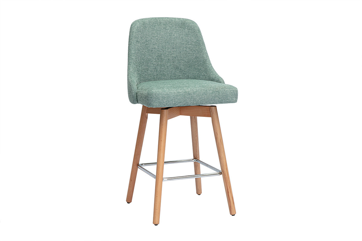 Tabourets de bar scandinaves pivotants 360� en tissu effet velours textur� vert c�ladon et bois h�tre massif H65 cm (lot de 2) HASTA