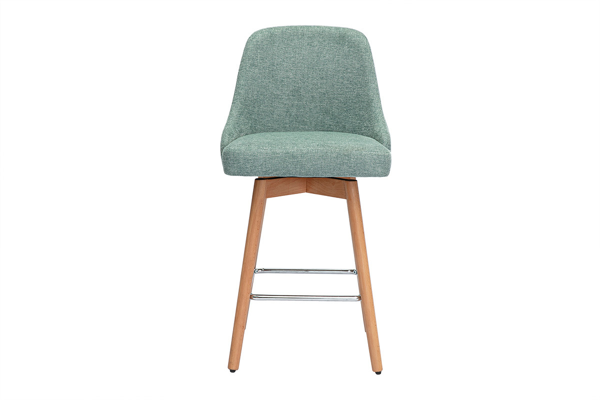 Tabourets de bar scandinaves pivotants 360� en tissu effet velours textur� vert c�ladon et bois h�tre massif H65 cm (lot de 2) HASTA
